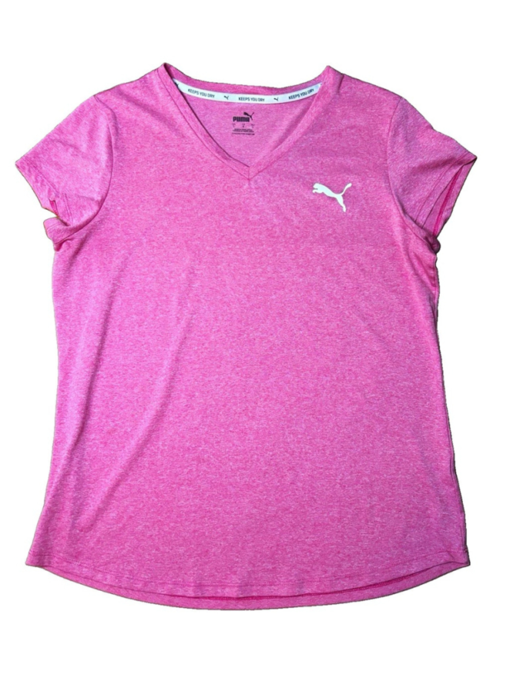 PUMA Women’s Large Pink V Neck Performance Shirt Keeps You Dry Athletic Tee
